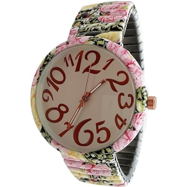 Ladies Floral Large Face Easy to Read Watch with Elastic Stretch Band, Floral Dial