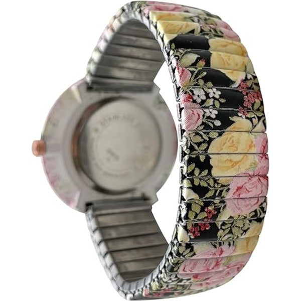 Ladies Floral Large Face Easy to Read Watch with Elastic Stretch Band, Floral Dial