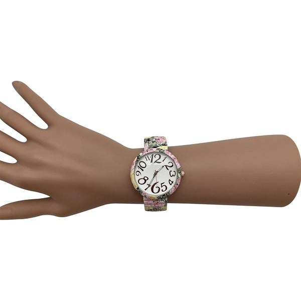 Ladies Floral Large Face Easy to Read Watch with Elastic Stretch Band, Floral Dial