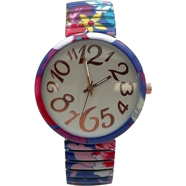 Ladies Floral Large Face Easy to Read Watch with Elastic Stretch Band, Floral Dial