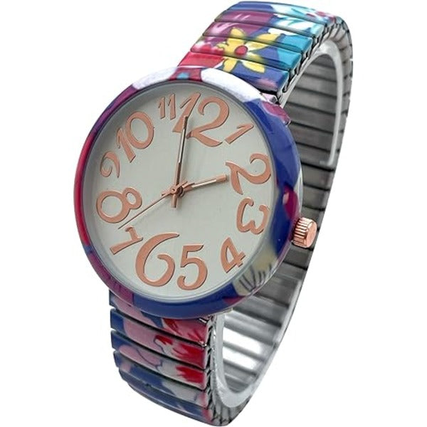 Ladies Floral Large Face Easy to Read Watch with Elastic Stretch Band, Floral Dial