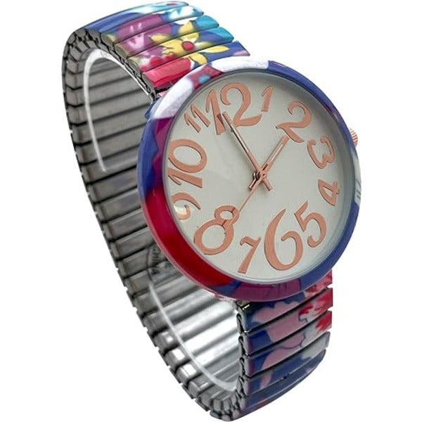 Ladies Floral Large Face Easy to Read Watch with Elastic Stretch Band, Floral Dial