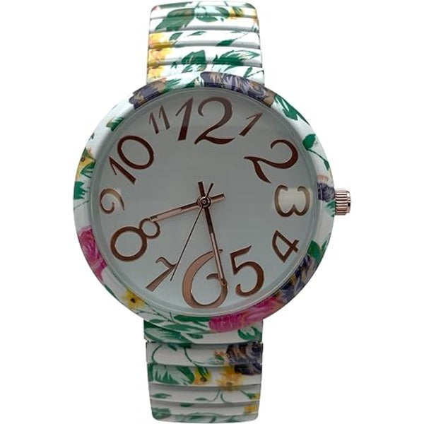 Ladies Floral Large Face Easy to Read Watch with Elastic Stretch Band, Floral Dial