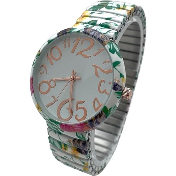 Ladies Floral Large Face Easy to Read Watch with Elastic Stretch Band, Floral Dial