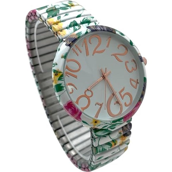 Ladies Floral Large Face Easy to Read Watch with Elastic Stretch Band, Floral Dial