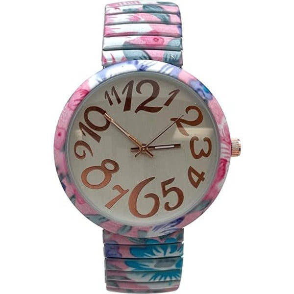 Ladies Floral Large Face Easy to Read Watch with Elastic Stretch Band, Floral Dial