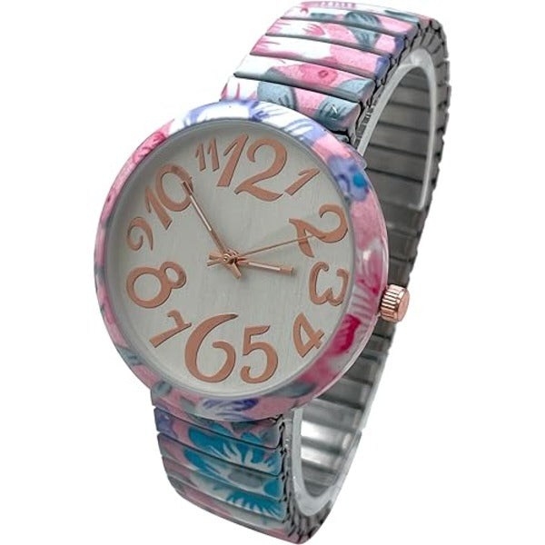 Ladies Floral Large Face Easy to Read Watch with Elastic Stretch Band, Floral Dial