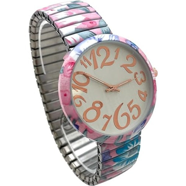 Ladies Floral Large Face Easy to Read Watch with Elastic Stretch Band, Floral Dial