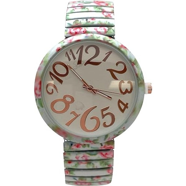 Ladies Floral Large Face Easy to Read Watch with Elastic Stretch Band, Floral Dial