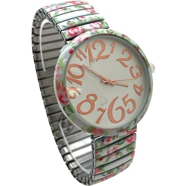 Ladies Floral Large Face Easy to Read Watch with Elastic Stretch Band, Floral Dial