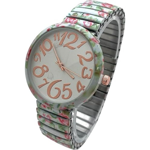 Ladies Floral Large Face Easy to Read Watch with Elastic Stretch Band, Floral Dial