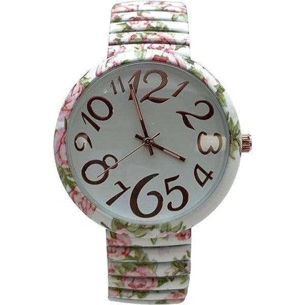 Ladies Floral Large Face Easy to Read Watch with Elastic Stretch Band, Floral Dial