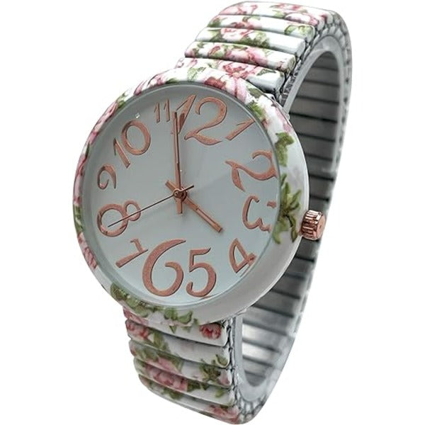 Ladies Floral Large Face Easy to Read Watch with Elastic Stretch Band, Floral Dial