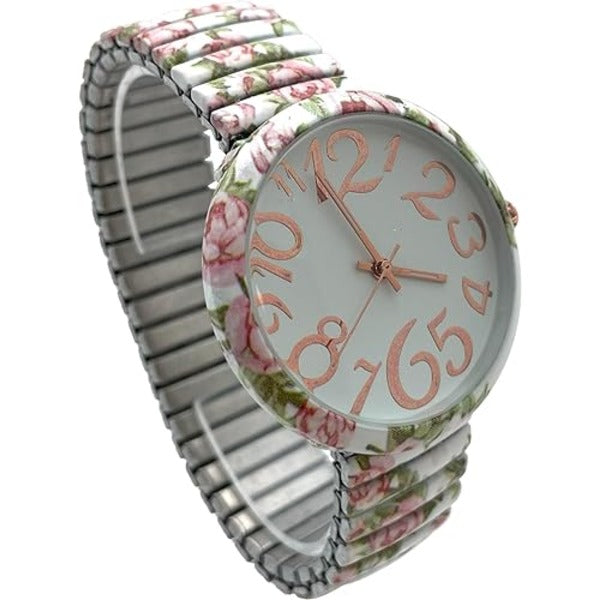 Ladies Floral Large Face Easy to Read Watch with Elastic Stretch Band, Floral Dial