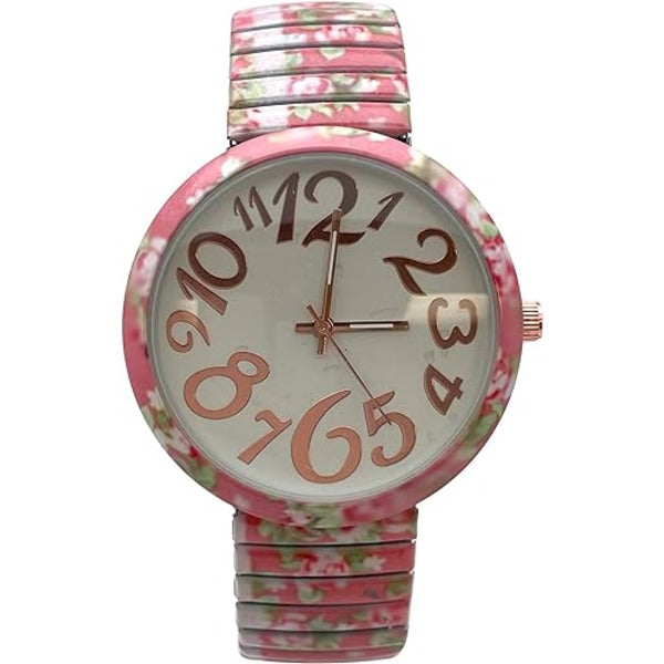 Ladies Floral Large Face Easy to Read Watch with Elastic Stretch Band, Floral Dial