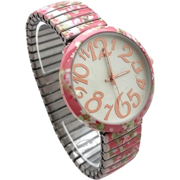 Ladies Floral Large Face Easy to Read Watch with Elastic Stretch Band, Floral Dial