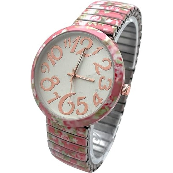 Ladies Floral Large Face Easy to Read Watch with Elastic Stretch Band, Floral Dial