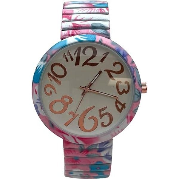 Ladies Floral Large Face Easy to Read Watch with Elastic Stretch Band, Floral Dial