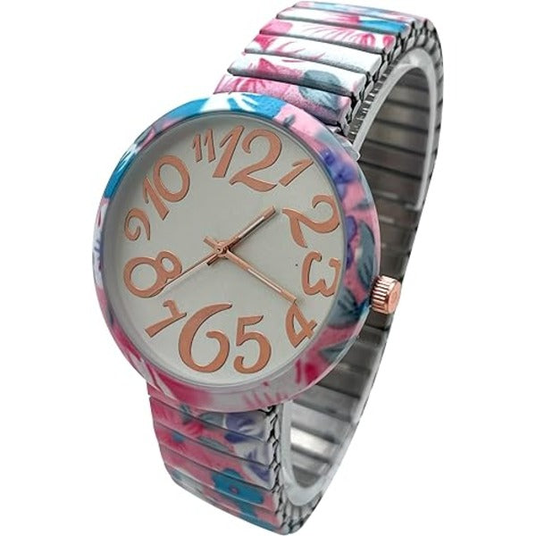 Ladies Floral Large Face Easy to Read Watch with Elastic Stretch Band, Floral Dial