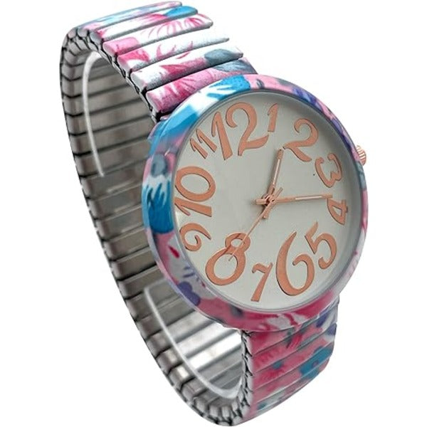 Ladies Floral Large Face Easy to Read Watch with Elastic Stretch Band, Floral Dial