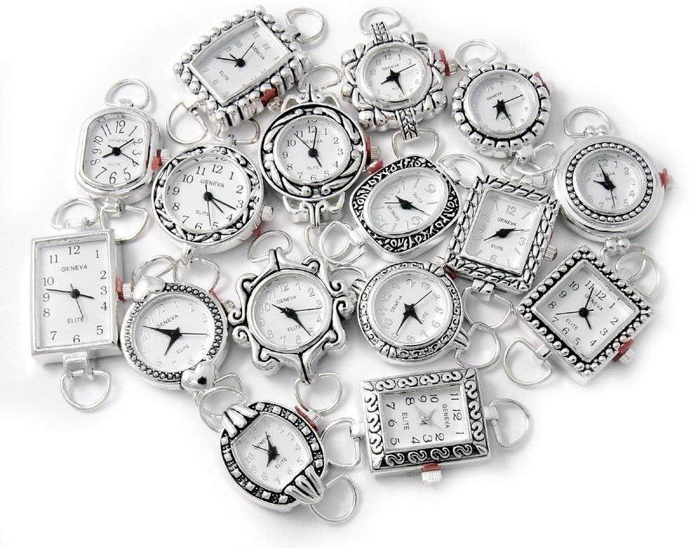 10 Mix Silver Tone Geneva Elite Watch Faces for Beading, Loops and Battery Included