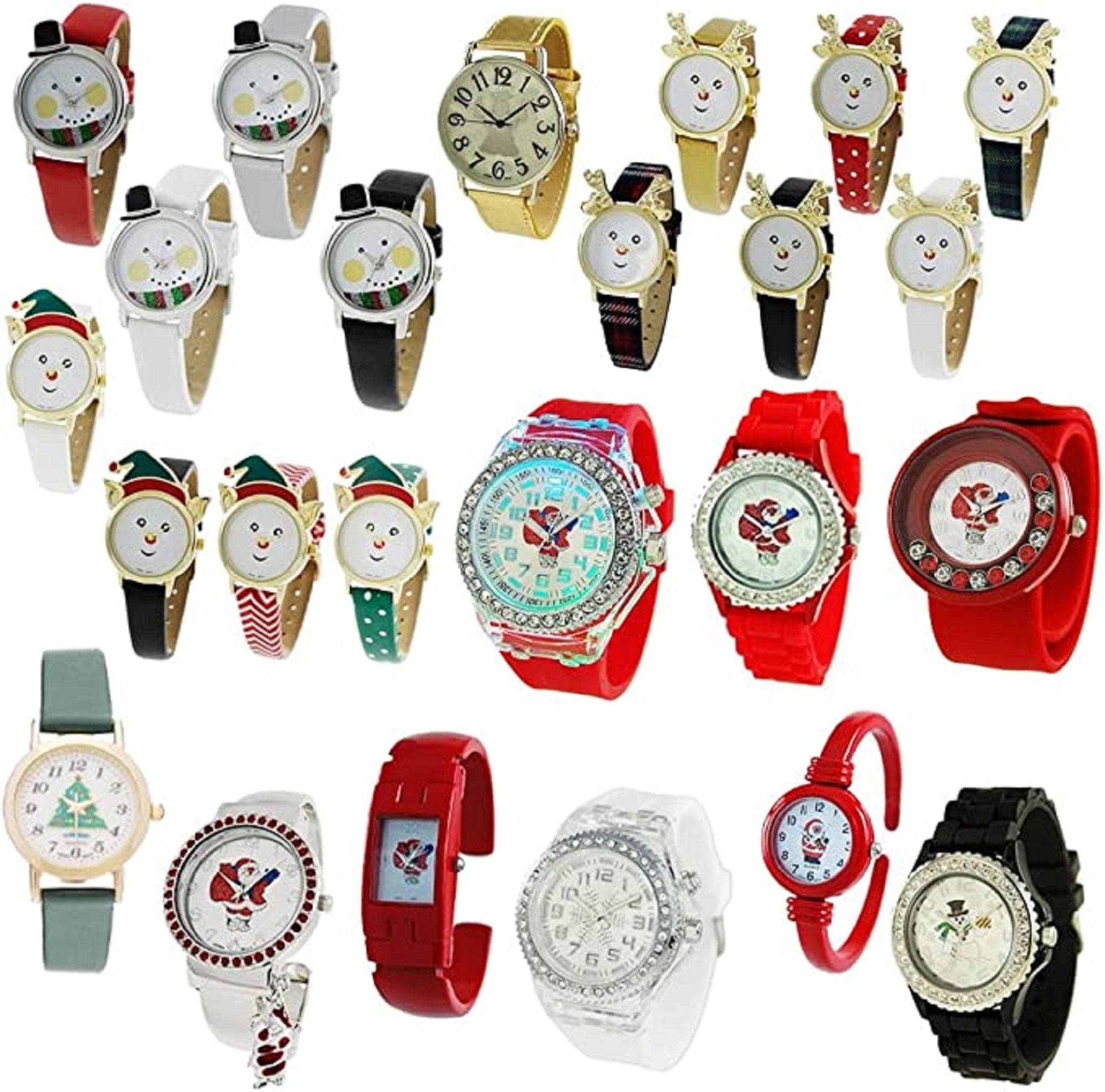 Christmas Tree, Santa Claus, Snowman and Snowflake Big Face Watch with Glitter and Rhinestones, Holiday Gifts Lot