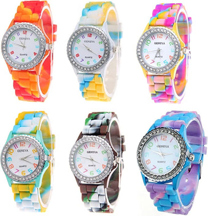 Geneva New Rainbow Crystal Rhinestone Colourful Silicone Jelly Watch Link Band 6 Pcs