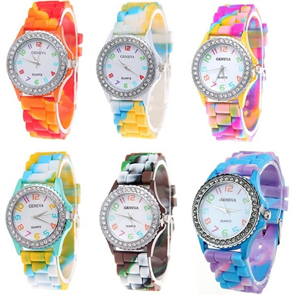 Geneva New Rainbow Crystal Rhinestone Colourful Silicone Jelly Watch Link Band 6 Pcs