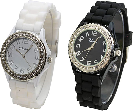 Excellent Watches White & Black Crystal Rhinestone Large Face Watch with Silicone Jelly Link Band