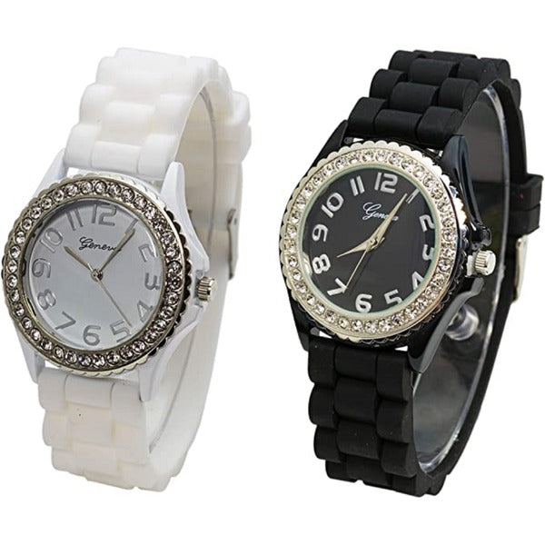 Excellent Watches White & Black Crystal Rhinestone Large Face Watch with Silicone Jelly Link Band