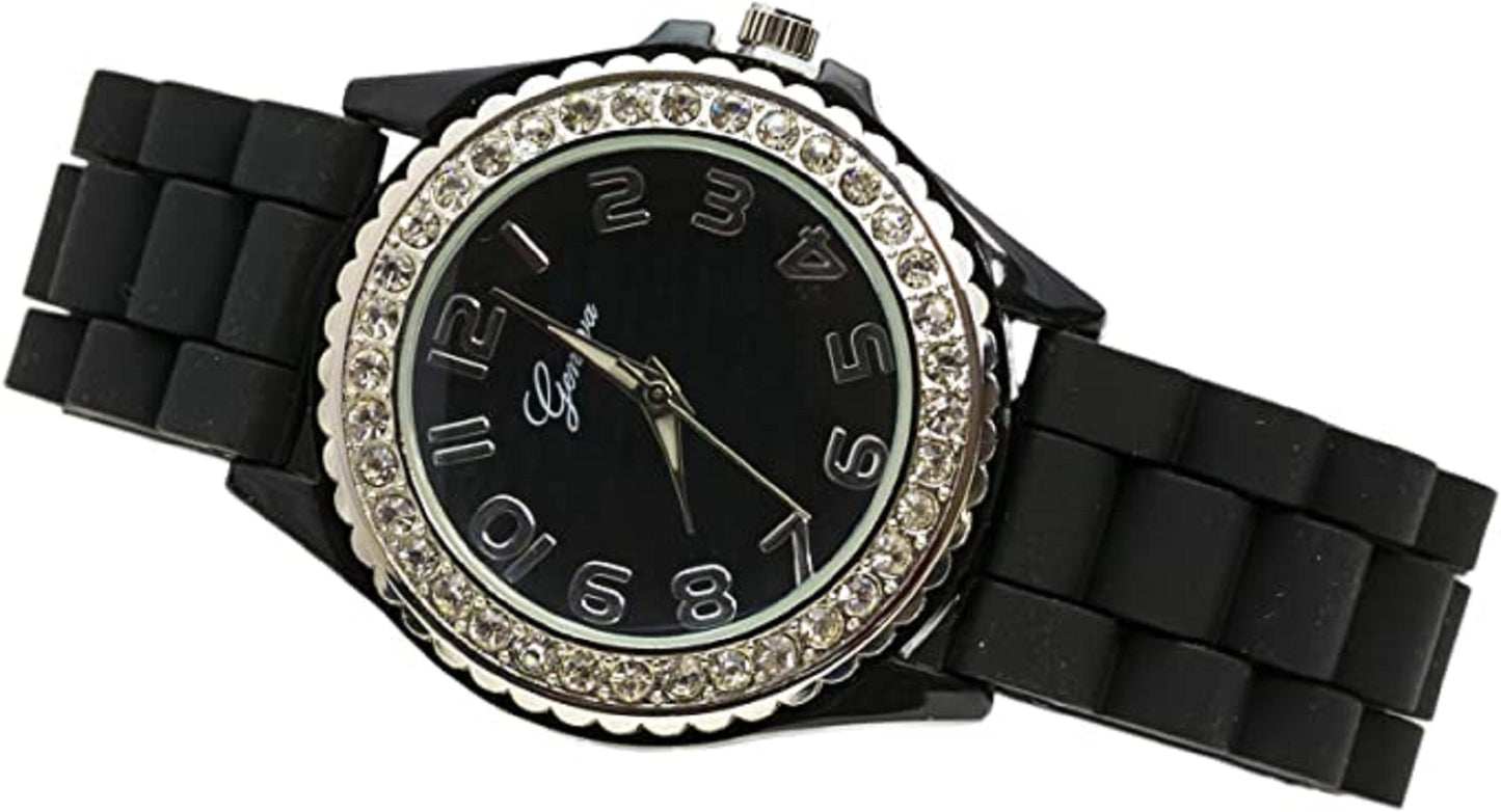 Excellent Watches White & Black Crystal Rhinestone Large Face Watch with Silicone Jelly Link Band