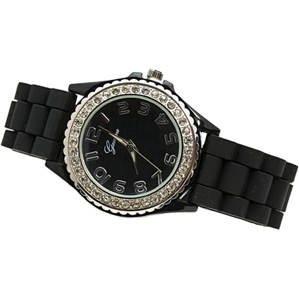 Excellent Watches White & Black Crystal Rhinestone Large Face Watch with Silicone Jelly Link Band