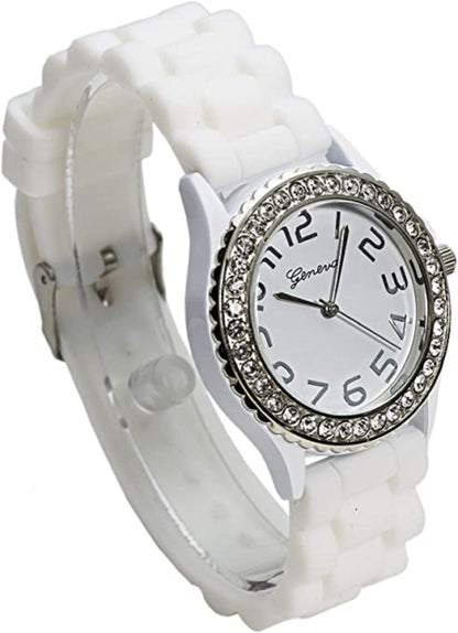 Excellent Watches White & Black Crystal Rhinestone Large Face Watch with Silicone Jelly Link Band