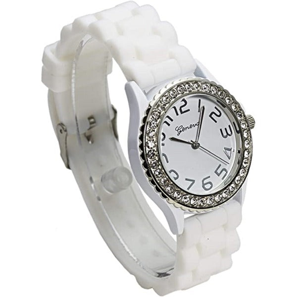 Excellent Watches White & Black Crystal Rhinestone Large Face Watch with Silicone Jelly Link Band