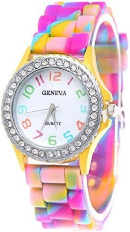 Geneva New Rainbow Crystal Rhinestone Colourful Silicone Jelly Watch Link Band 6 Pcs