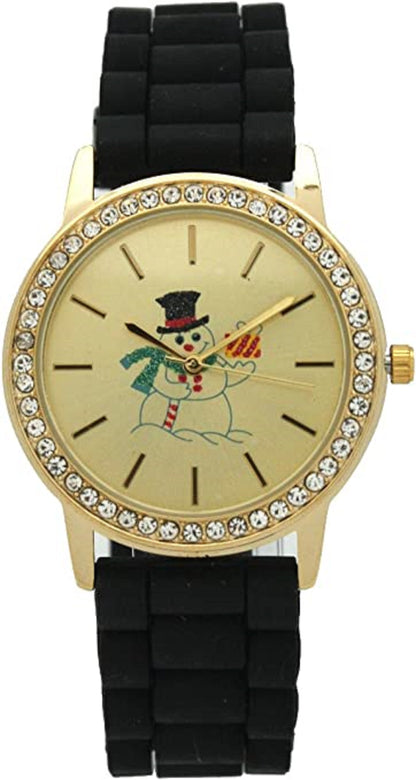 Christmas Silicone Strap Watch with Rhinestone and Gold Tone