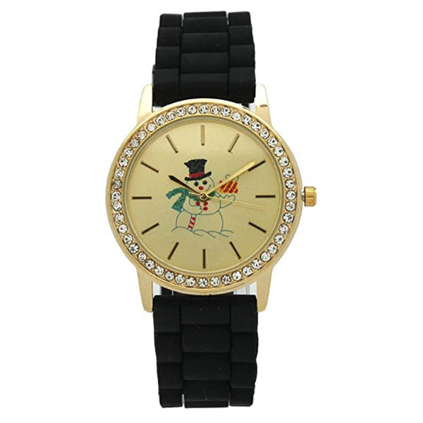 Christmas Silicone Strap Watch with Rhinestone and Gold Tone