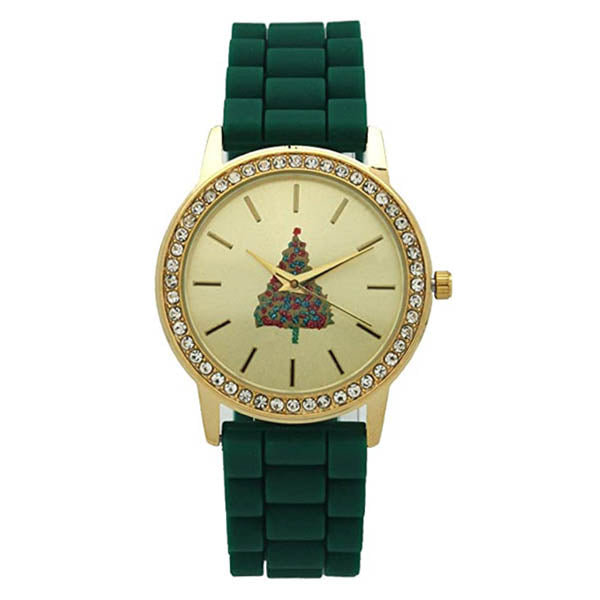 Christmas Silicone Strap Watch with Rhinestone and Gold Tone