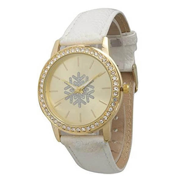 Christmas Leather Strap Watch with Rhinestone and Gold Tone (Snowflakes White)