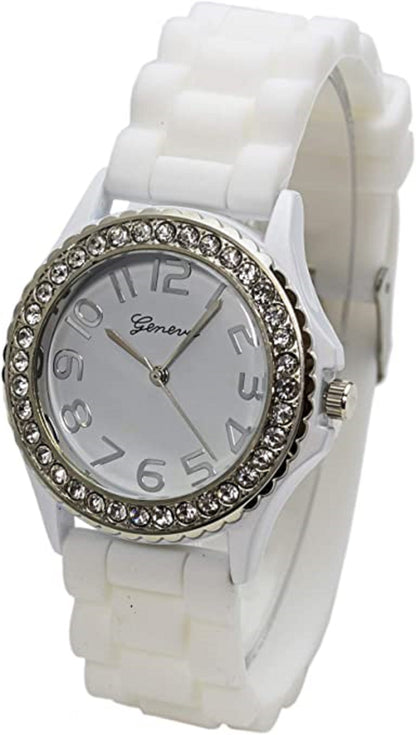 Excellent Watches White & Black Crystal Rhinestone Large Face Watch with Silicone Jelly Link Band