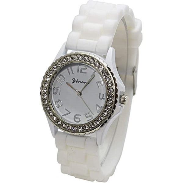 Excellent Watches White & Black Crystal Rhinestone Large Face Watch with Silicone Jelly Link Band