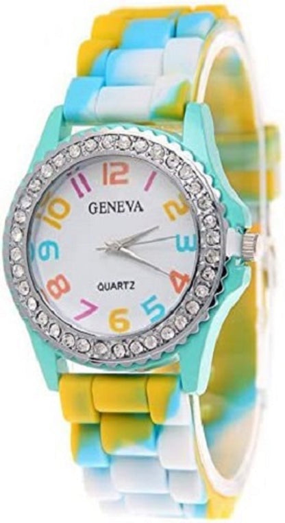 Geneva New Rainbow Crystal Rhinestone Colourful Silicone Jelly Watch Link Band 6 Pcs