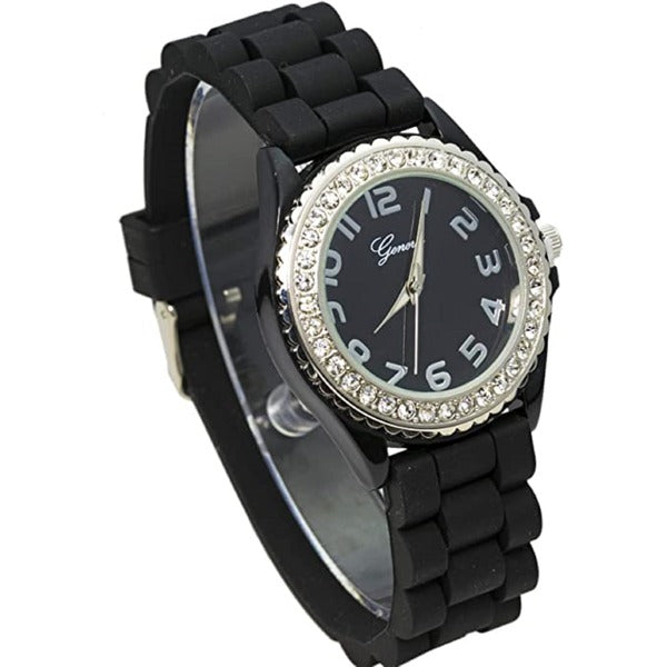 Excellent Watches White & Black Crystal Rhinestone Large Face Watch with Silicone Jelly Link Band