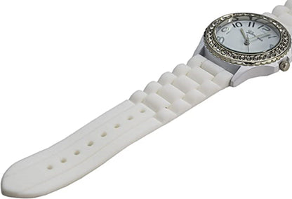 Excellent Watches White & Black Crystal Rhinestone Large Face Watch with Silicone Jelly Link Band