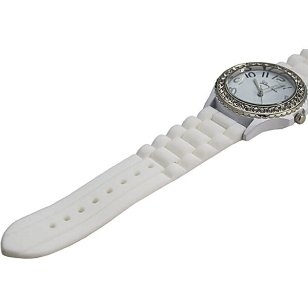 Excellent Watches White & Black Crystal Rhinestone Large Face Watch with Silicone Jelly Link Band