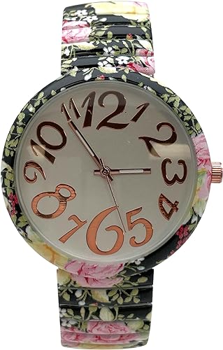 Ladies Floral Large Face Easy to Read Watch with Elastic Stretch Band, Floral Dial