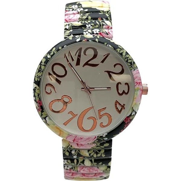 Ladies Floral Large Face Easy to Read Watch with Elastic Stretch Band, Floral Dial