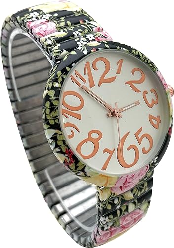 Ladies Floral Large Face Easy to Read Watch with Elastic Stretch Band, Floral Dial