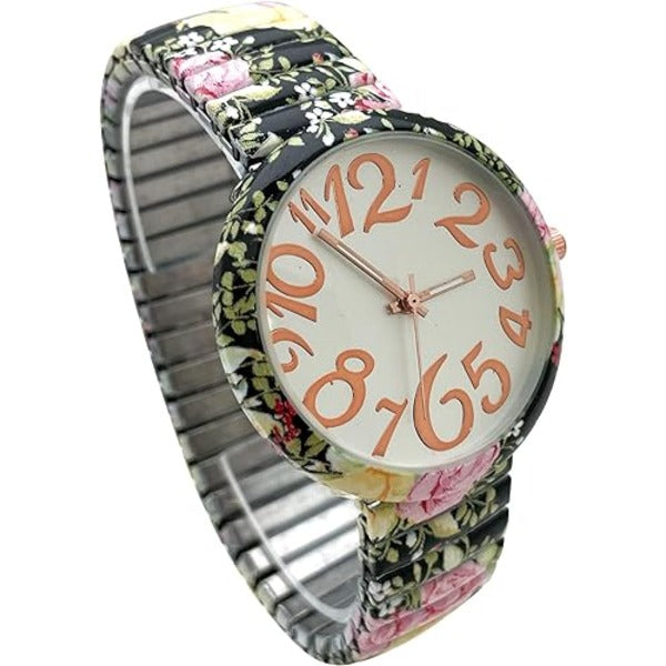 Ladies Floral Large Face Easy to Read Watch with Elastic Stretch Band, Floral Dial