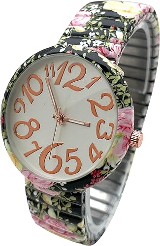 Ladies Floral Large Face Easy to Read Watch with Elastic Stretch Band, Floral Dial